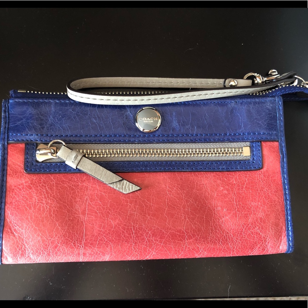 Colorblock Coach wristlet in pink and blue